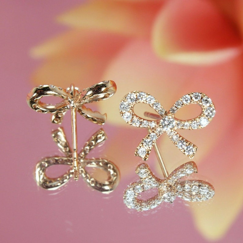 0.90Ct Round Cut Simulated Diamond Push Back Ribbon Bow Stud Earrings 14K Yellow Gold Over 925 Sterling Silver