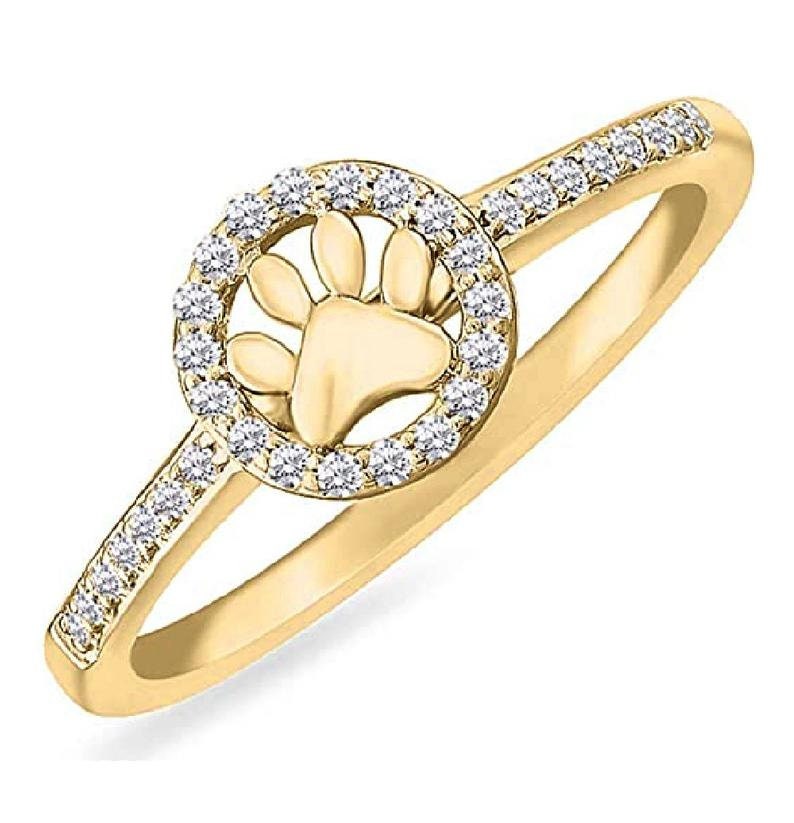 Animal Ring Round Cut Simulated Diamond Paw Print Ring in 14K Gold Plate Silver Pet Jewellery Paw Print Stacking Ring Pet Lovers Ring