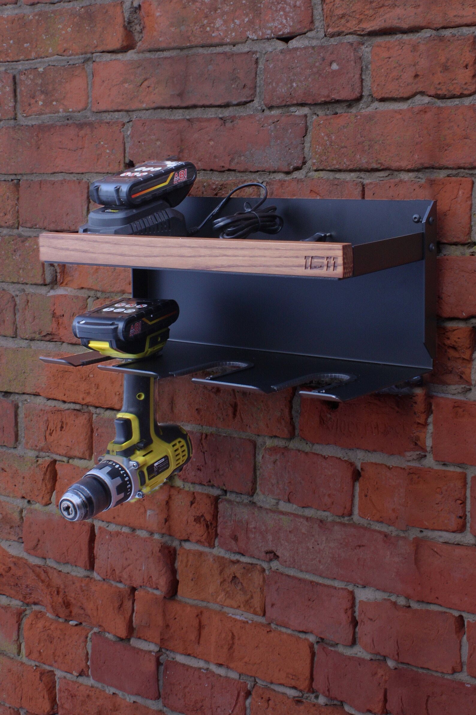 Cordless drill wall mount hanger with shelf for batteries and Etsy