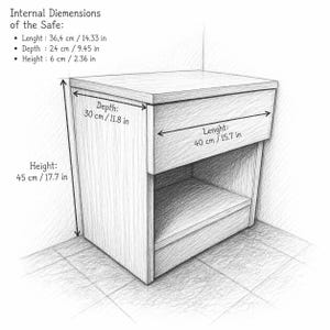May include: A line drawing of a safe with an open shelf. Internal dimensions: length 14.33 inches, depth 9.45 inches, height 2.36 inches. External dimensions: height 17.7 inches, depth 11.8 inches, length 15.7 inches. The safe has a flat top and a drawer.