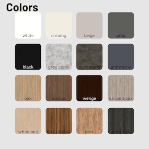 May include: A color palette graphic with the word "Colors" at the top. The image displays a grid of color swatches, including white, creamy, beige, grey, black, grey stone, dark stone, and anthracite.