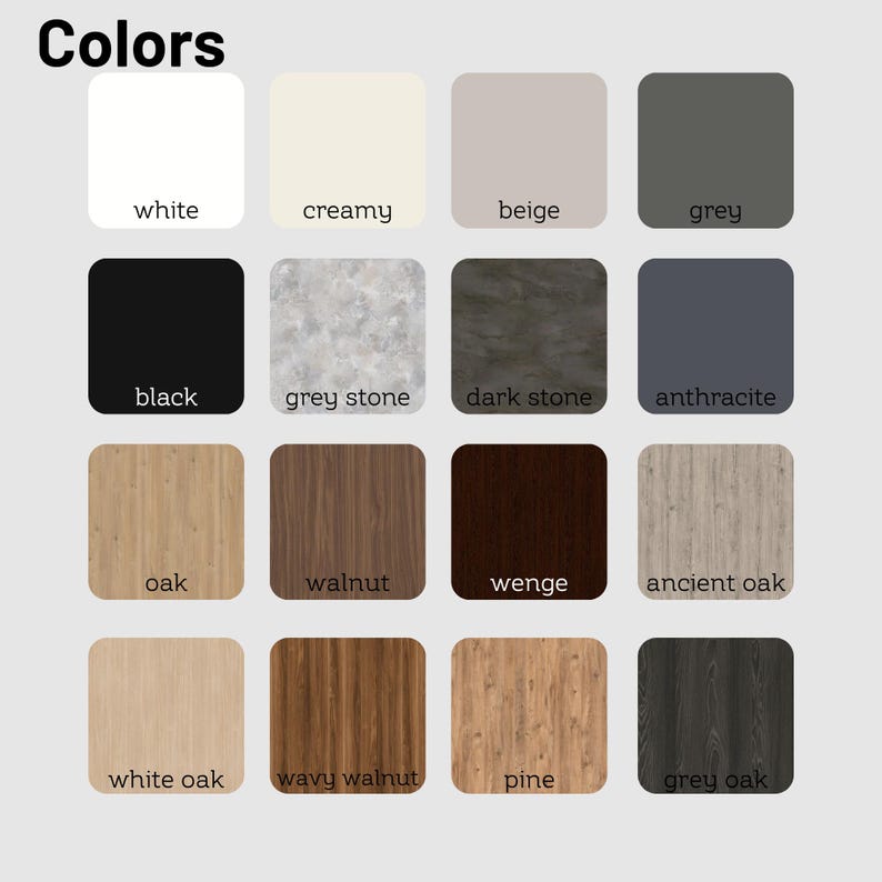 May include: A color palette graphic with the word "Colors" at the top. The image displays a grid of color swatches, including white, creamy, beige, grey, black, grey stone, dark stone, and anthracite.