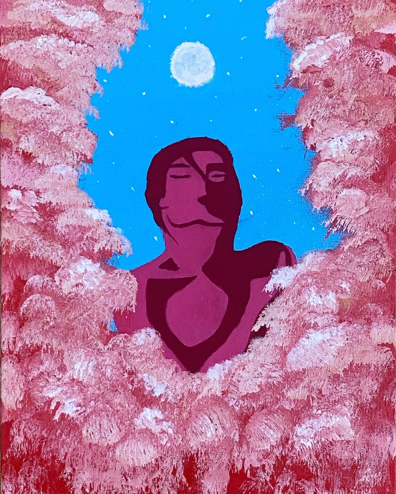 May include: A painting of a person with closed eyes, surrounded by pink and white brushstrokes. The background is a bright blue sky with a white moon.