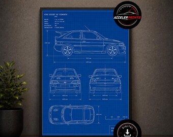 May include: A blue technical blueprint poster of a 1992 Ford Escort RS Cosworth featuring side, front, rear, and top views with white line drawings and specifications including engine, power, torque, and transmission details in a black frame.