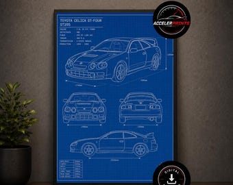 May include: A blue technical blueprint poster of a Toyota Celica GT-Four ST205 featuring front, rear, and side profile line drawings with detailed specifications, dimensions in millimeters, and a circular logo in the top right corner.
