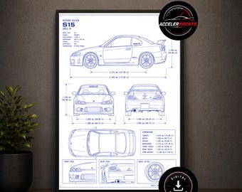 May include: Framed blueprint-style print of a Nissan Silvia S15 Spec-R car. The print includes multiple views, dimensions, and the text "ACCELERPRINTS" and "DIGITAL DOWNLOAD". The car is depicted in blue lines on a white background.