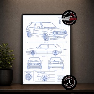 May include: A framed blueprint poster featuring technical line drawings of a Volkswagen Golf Mk2 in blue ink on a white background. The print displays front, side, and rear views, wheel details, and dimensions in millimeters, with a logo in the corner.