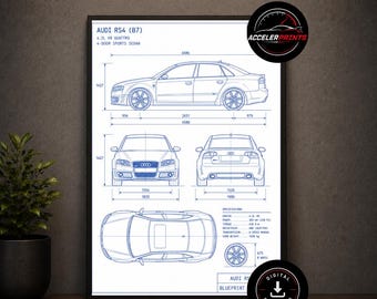 May include: A framed technical blueprint print of an Audi RS4 (B7) 4.2L V8 Quattro 4-door sports sedan. The white poster features blue line drawings showing side, front, rear, and top views with dimensions in millimeters and technical specifications.