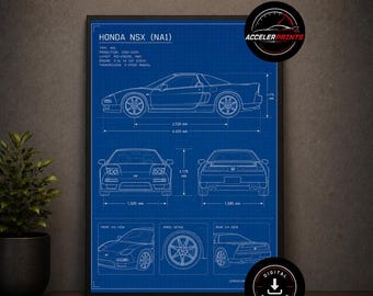 May include: A framed blueprint of a Honda NSX (NA1) car, featuring multiple views and dimensions in millimeters. The print is on blue paper with white lines, and includes the text "HONDA NSX (NA1)" and "ACCELERPRINTS" logo. A "DIGITAL DOWNLOAD" sticker is visible.
