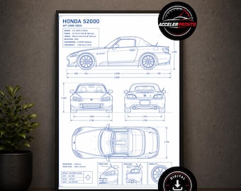 May include: A framed technical blueprint poster of a Honda S2000 AP1, featuring side, front, rear, and top views with detailed specifications, dimensions in millimeters, and technical diagrams. The print includes the text Honda S2000 AP1 (1999-2003).
