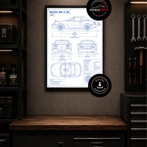May include: A framed blueprint of a Mazda MX-5 NA from 1990, featuring detailed diagrams and specifications. The print is in blue on a white background, with the text "ACCELERPRINTS" and "DIGITAL DOWNLOAD".