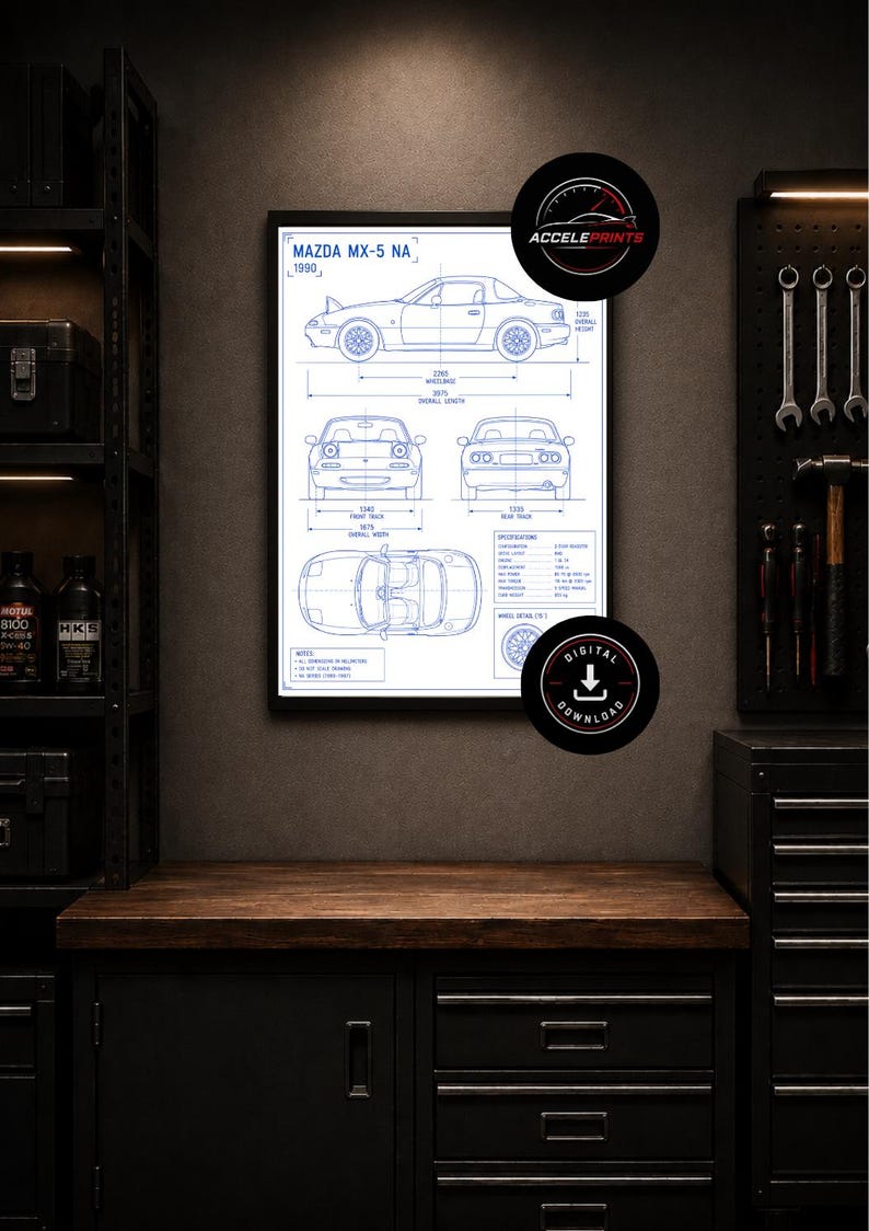 May include: A framed blueprint of a Mazda MX-5 NA from 1990, featuring detailed diagrams and specifications. The print is in blue on a white background, with the text "ACCELERPRINTS" and "DIGITAL DOWNLOAD".