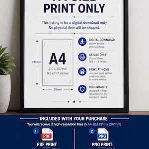May include: A framed print with the text "A4 SIZE PRINT ONLY." The print includes details about digital downloads, A4 size dimensions (8.3 x 11.7 inches), and print options. It also highlights PDF and PNG print file formats.