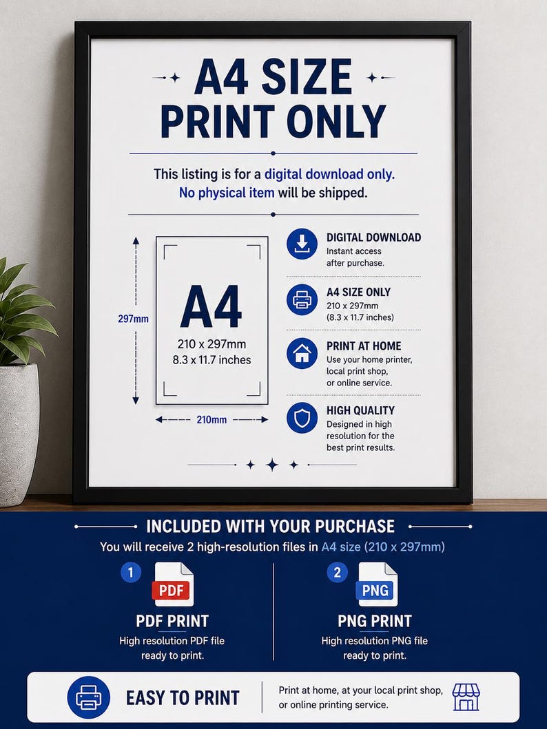 May include: A framed print with the text "A4 SIZE PRINT ONLY." The print includes details about digital downloads, A4 size dimensions (8.3 x 11.7 inches), and print options. It also highlights PDF and PNG print file formats.