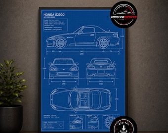 May include: A blue technical blueprint poster of a Honda S2000 AP1 featuring side, front, rear, and top views with detailed specifications, dimensions in millimeters, and technical annotations printed in white lines on a dark blue background.