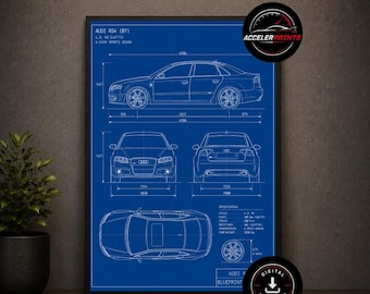 May include: A blue technical blueprint poster of an Audi RS4 (B7) 4.2L V8 Quattro 4-door sports sedan. The print displays side, front, rear, and top views with white line drawings, technical specifications, and measurements in millimeters.