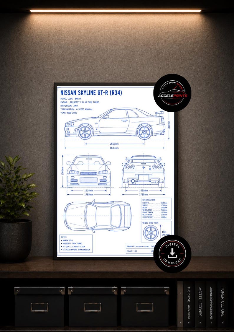Car Bulprint Gt R R34 Nissan Skyline R34 Blueprint Poster | A4 Digital Download | Car Wall ...