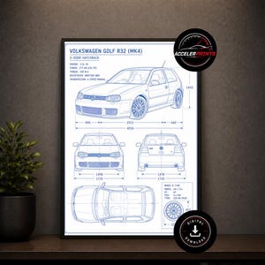 Può includere: Una stampa tecnica incorniciata di una Volkswagen Golf R32 MK4 hatchback a 3 porte. Il poster bianco presenta disegni a linee blu dell'auto da angolazioni frontale, posteriore, laterale e dall'alto, con specifiche tecniche e dimensioni in mm.
