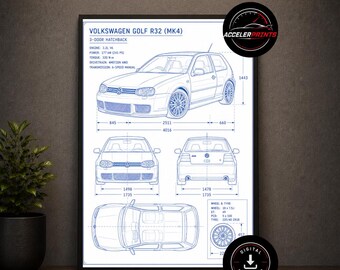May include: A framed technical blueprint print of a Volkswagen Golf R32 MK4 3-door hatchback. The white poster features blue line drawings of the car from front, rear, side, and top angles, including technical specifications and dimensions in mm.