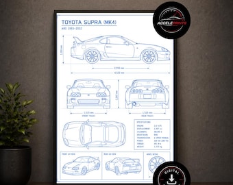 May include: Framed blueprint art print of a Toyota Supra (MK4) from 1993-2002. The print features detailed technical drawings and specifications of the car, with dimensions in millimeters. Includes the text "DIGITAL DOWNLOAD".