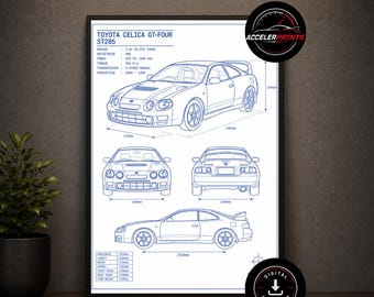 May include: A framed technical blueprint poster of a Toyota Celica GT-Four ST205, featuring blue line drawings of the car from front, rear, and side angles, along with detailed engine specifications and dimensions in millimeters.