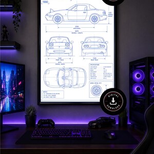 May include: Blueprint poster of a Mazda MX-5 NA 1990 car, with detailed specifications and dimensions. The poster is displayed on a desk with a computer, keyboard, and other accessories. The overall length is 3975 mm.