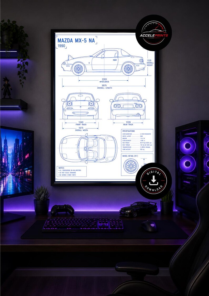 May include: Blueprint poster of a Mazda MX-5 NA 1990 car, with detailed specifications and dimensions. The poster is displayed on a desk with a computer, keyboard, and other accessories. The overall length is 3975 mm.