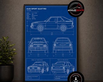 May include: A framed blueprint poster of an Audi Sport Quattro featuring technical line drawings in white on a blue background. The print displays side, front, rear, and 3/4 views with technical specifications, dimensions in millimeters, and text.