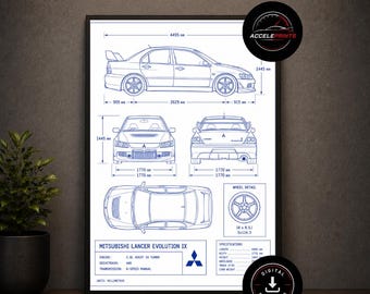 May include: A framed blueprint of a Mitsubishi Lancer Evolution IX car, featuring multiple views and dimensions in millimeters. The poster includes wheel details and specifications, with the text "ACCELERPRINTS" and "DIGITAL DOWNLOAD".
