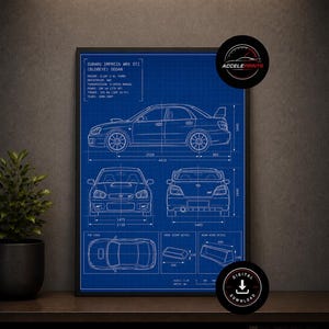 May include: Blueprint-style print of a Subaru Impreza WRX STI (Blobeye) sedan. The print includes technical drawings and specifications, with dimensions in inches. The framed print is displayed on a dark shelf with decorative elements.