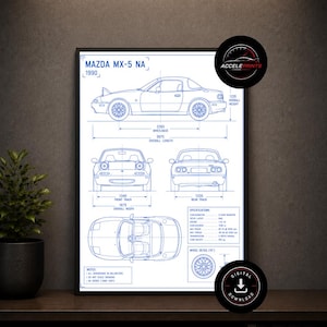 May include: Blueprint-style print of a Mazda MX-5 NA from 1990, featuring detailed diagrams and specifications. The overall length is 3975 mm, and the overall height is 1235 mm. Includes the text "MAZDA MX-5 NA 1990".