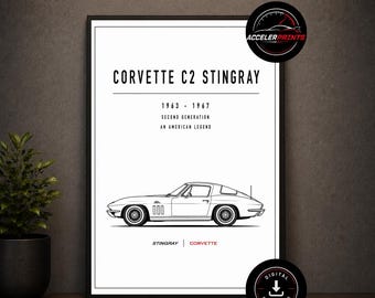 May include: A framed white poster featuring a black line drawing of a Corvette C2 Stingray in profile. The text reads: CORVETTE C2 STINGRAY, 1963 - 1967, SECOND GENERATION, AN AMERICAN LEGEND, STINGRAY, and CORVETTE. Includes two circular logo badges.