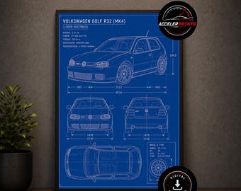 May include: A blue blueprint poster of a Volkswagen Golf R32 MK4 3-door hatchback. The print displays technical line drawings from front, rear, and top views, along with engine specifications, dimensions in millimeters, and wheel details.
