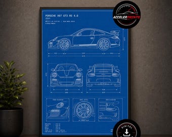 May include: Framed blueprint of a Porsche 997 GT3 RS 4.0 (2011) in blue and white. The print includes multiple views of the car, with dimensions and technical details. The print is labeled "ACCELERPRINTS" and "DIGITAL DOWNLOAD".
