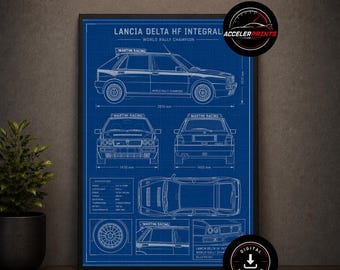 May include: A blue technical blueprint poster of a Lancia Delta HF Integrale World Rally Champion car. The print displays side, front, rear, and top views with technical specifications, dimensions in millimeters, and wheel details in white lines.