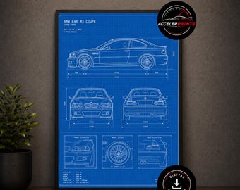 May include: A framed blueprint of a BMW E46 M3 Coupe, featuring side, front, and rear elevations, along with wheel details. The print is on a blue background with white lines and text. The frame is black, and the print includes the text "ACCELERPRINTS" and "DIGITAL DOWNLOAD".