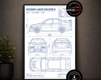 Mitsubishi Lancer VI Blueprint Poster | A4 Digital Download | Car Wall Art | Mitsubishi Wall Art | Evo VI Wall Print