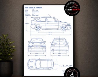 May include: A framed technical blueprint print of a 1992 Ford Escort RS Cosworth, featuring side, front, rear, and top views with detailed specifications including engine, power, torque, drivetrain, and transmission, plus a scale bar.