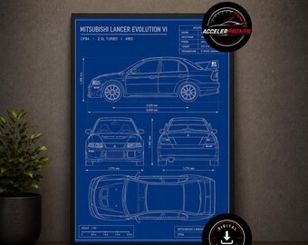 May include: A blue technical blueprint poster of a Mitsubishi Lancer Evolution VI featuring side, front, rear, and top views with dimensions in millimeters. The print includes technical specifications and the AccelerPrints logo in the corner.