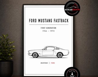 May include: A framed white poster featuring a black line drawing of a Ford Mustang Fastback. Text reads: FORD MUSTANG FASTBACK, FIRST GENERATION 1964-1973, MUSTANG | FORD. Includes circular ACCELERPRINTS logo and a digital download icon.