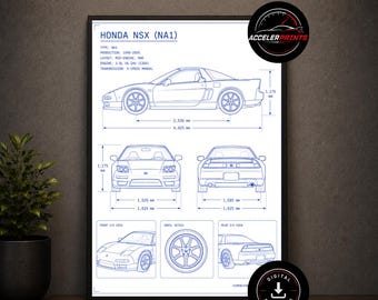 May include: Blueprint-style print of a Honda NSX (NA1) car, featuring detailed diagrams and specifications. The print includes front, side, and rear views, along with wheel details. The text includes dimensions in millimeters and the text "HONDA NSX (NA1)".