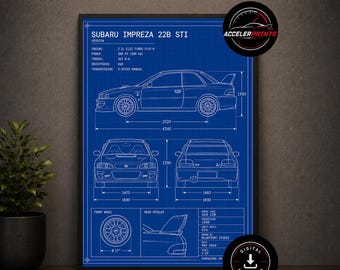 May include: A blue technical blueprint poster of a Subaru Impreza 22B STI featuring side, front, and rear views with detailed specifications, dimensions in millimeters, and technical diagrams of the wheel and rear spoiler on a dark background.