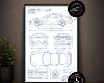 May include: Framed blueprint-style print of a Mazda RX-7 (FD3S) from 1992-2002. The print includes multiple views of the car, along with specifications such as engine type, displacement, and horsepower. The print is displayed on a dark shelf.