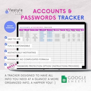 All-in-One Accounts & Password Tracker Google Sheets Template, Password Google Sheets, Account Password Tracker, Password Template