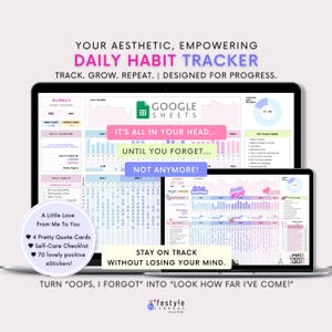 May include: A laptop and tablet display a digital daily habit tracker. The tracker, designed for Google Sheets, features a colorful, organized layout with sections for daily habits, weekly progress, and motivational quotes. Text includes "Daily Habit Tracker" and "Stay on Track."