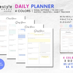 Puede incluir: Cuatro plantillas de planificador diario imprimibles en diferentes colores. Cada planificador incluye secciones para establecer objetivos, listas de tareas, notas, citas y seguimiento de hábitos. Los planificadores están disponibles en tres tamaños: US Letter, A4 y A5.