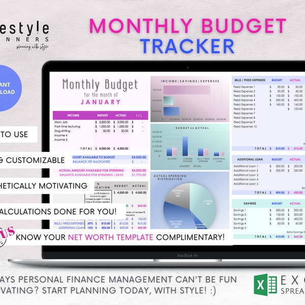 Monthly Budget Planner: Simple Finance Tracker, Excel Template (Digital Download)