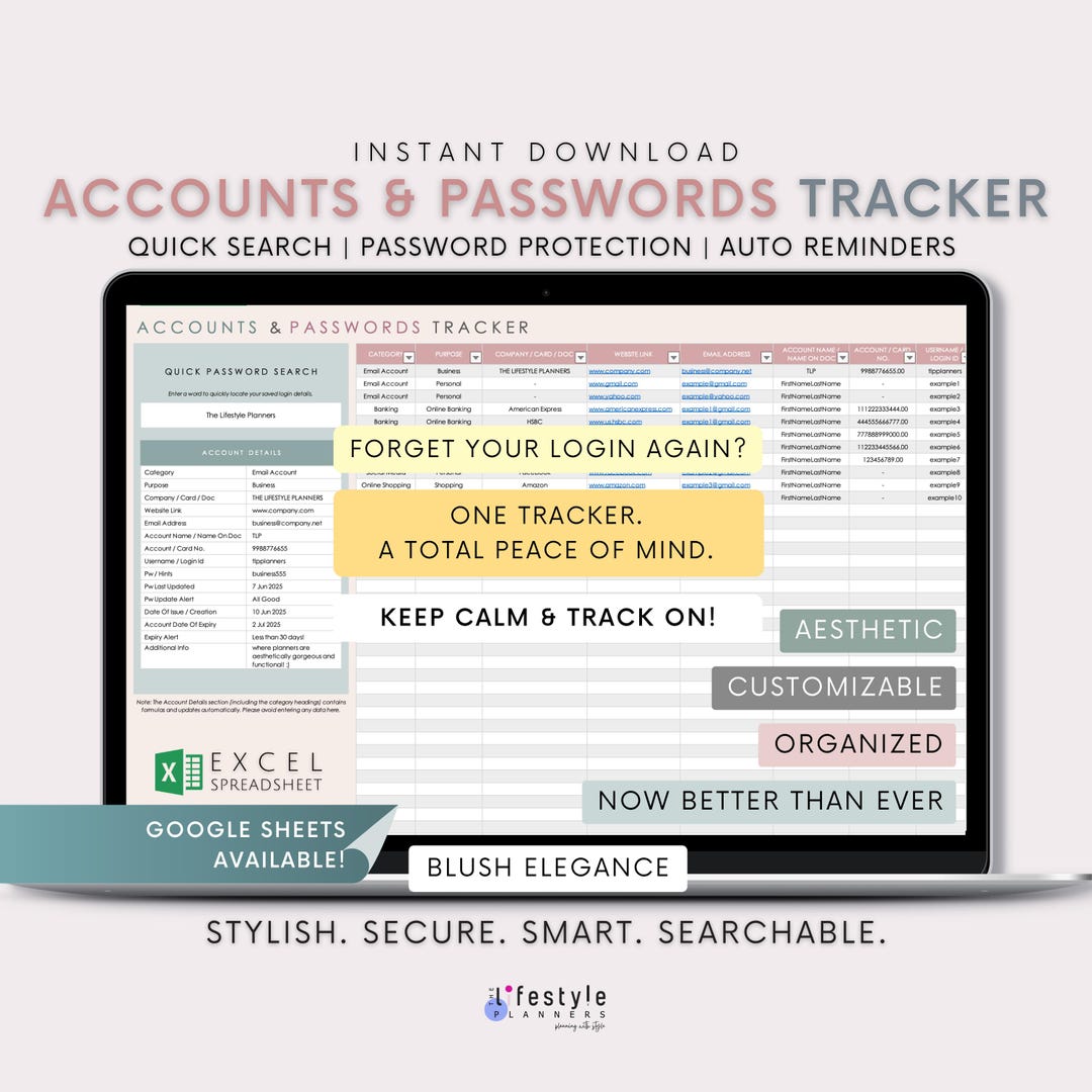 Excel Password Tracker: Blush Elegance Account Organizer (digital ...