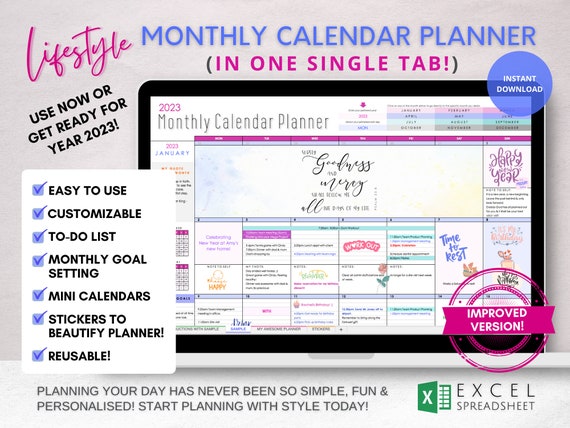 Lifestyle Monthly Calendar Planner Excel Version Single Tab - Etsy ...