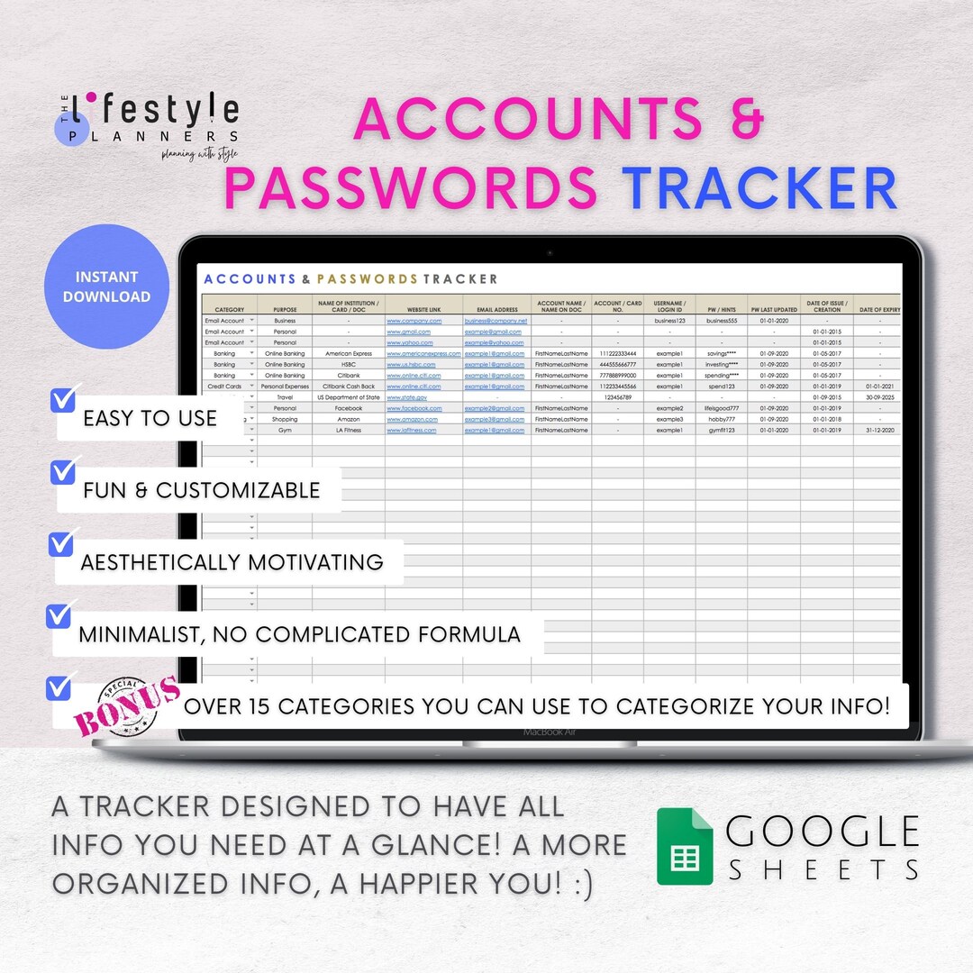 All-in-one Accounts & Password Tracker Google Sheets Template in Earth ...